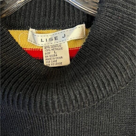 LISE J Women's Mock Neck Size L Red, Black & Gold Glitter Striped Sweater - Picture 4 of 4